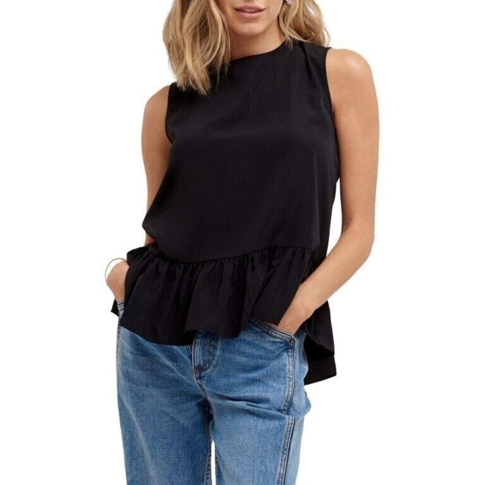 Cooper St Women's Large Black Ruffle Hem Sleeveless Back Tie Blouse NEW